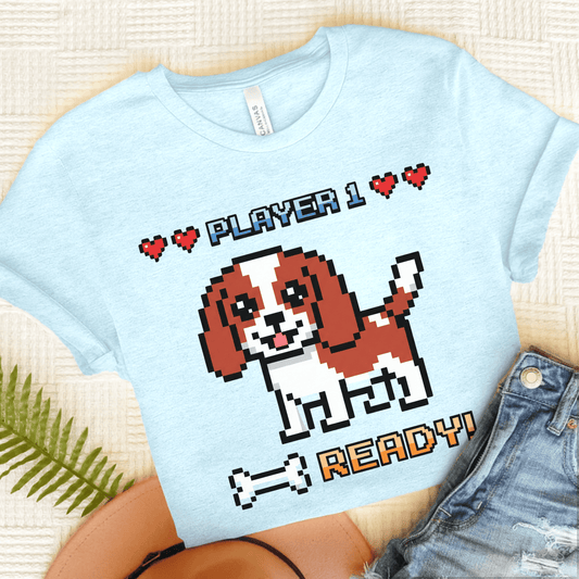Personalized Cavalier Player One Ready Unisex TShirt Heather Ice Blue
