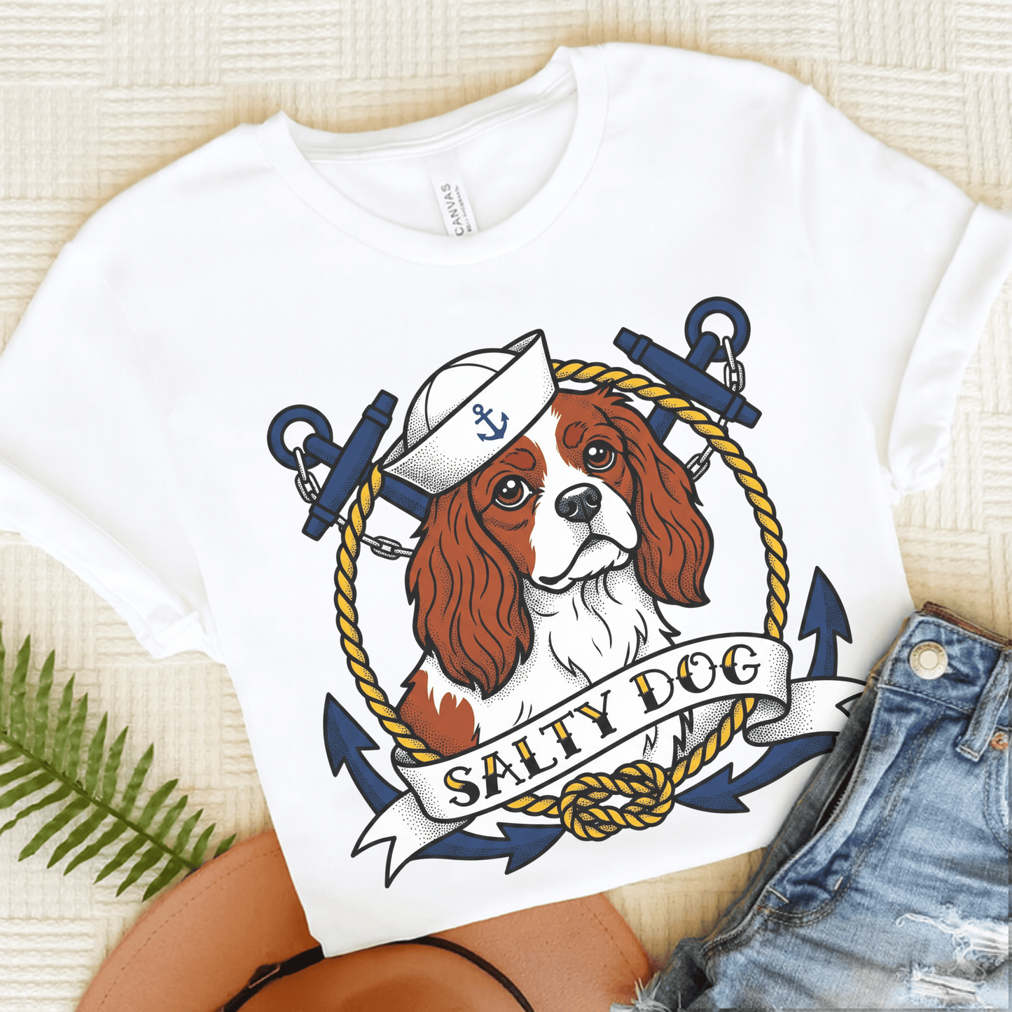 Personalized Cavalier Salty Dog Navy Unisex TShirt White