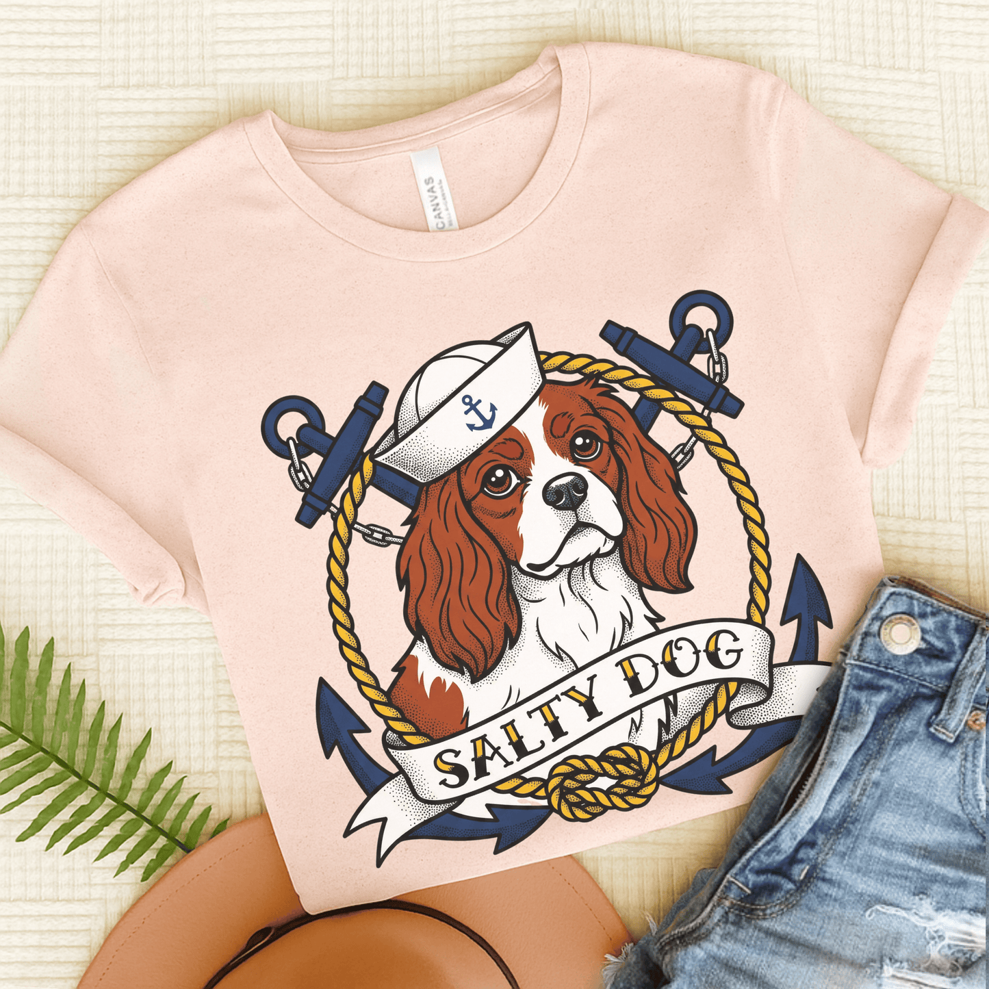 Personalized Cavalier Salty Dog Navy Unisex TShirt Soft Pink