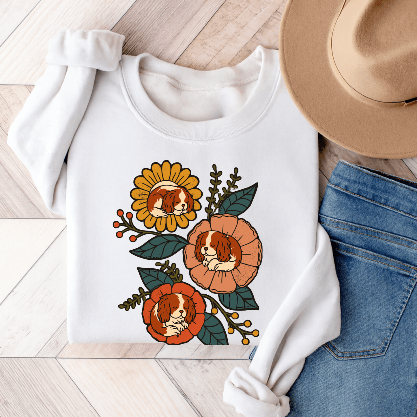 Blenheim Cavalier Sleeping Flowers Sweatshirt White