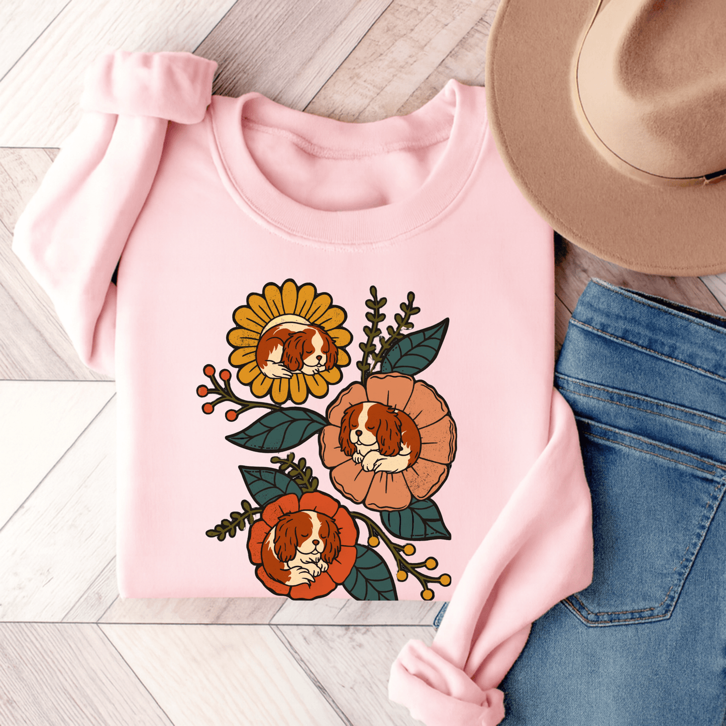 Blenheim Cavalier Sleeping Flowers Sweatshirt Light Pink