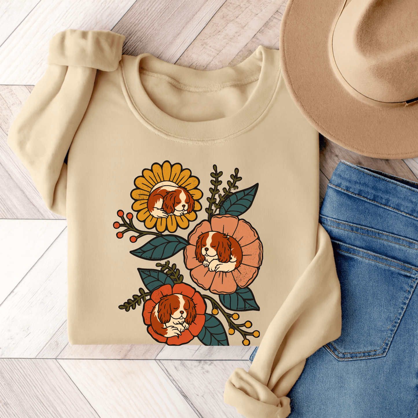 Blenheim Cavalier Sleeping Flowers Sweatshirt Sand