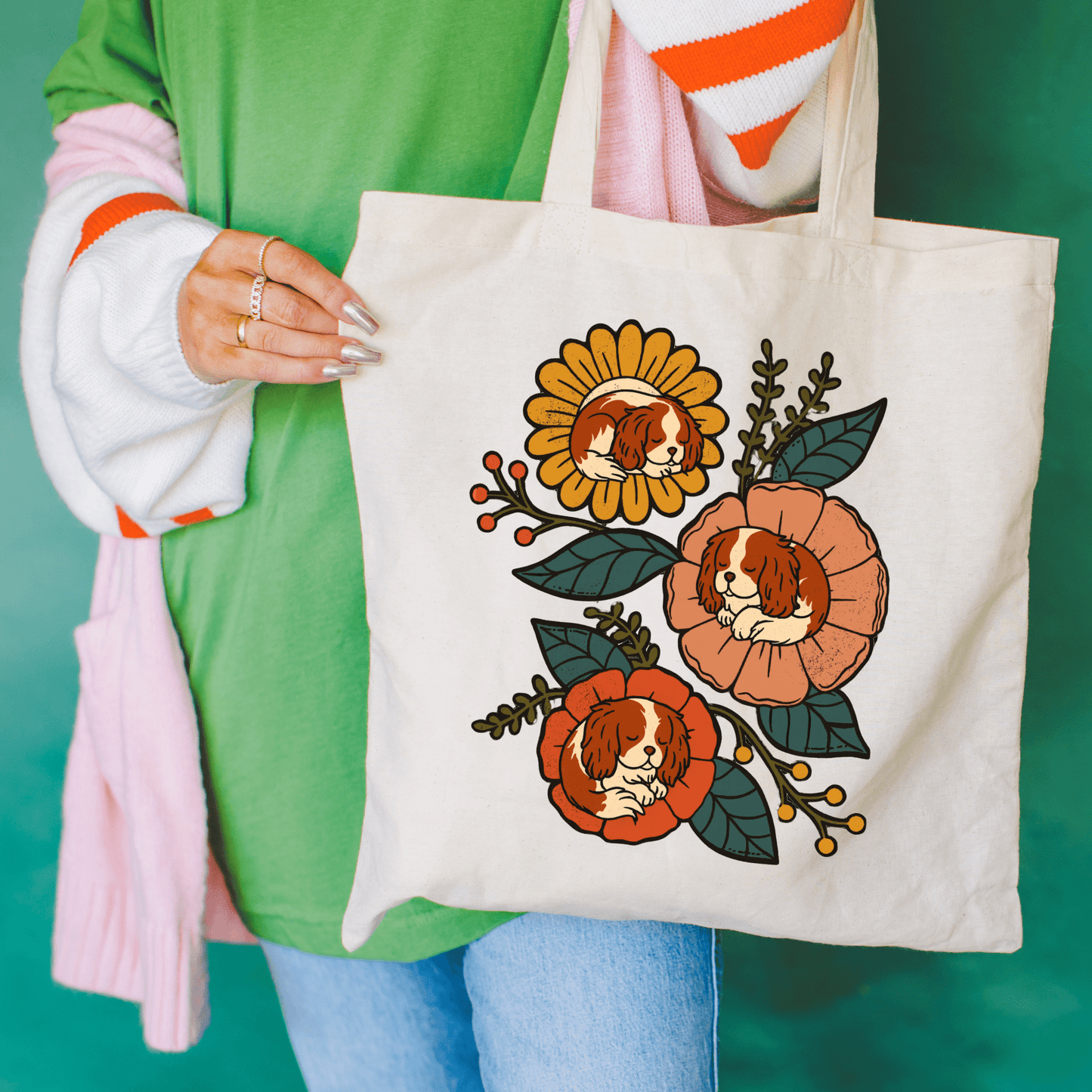 Blenheim Cavalier Sleeping Flowers Tote Bag Natural 15" x 16"