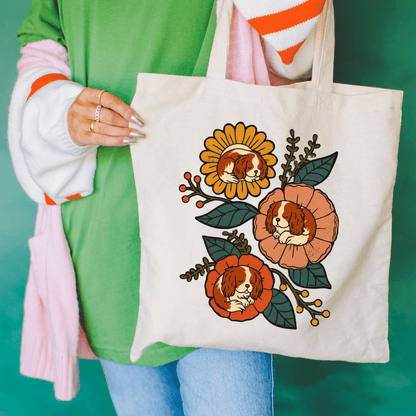 Blenheim Cavalier Sleeping Flowers Tote Bag Natural 15" x 16"