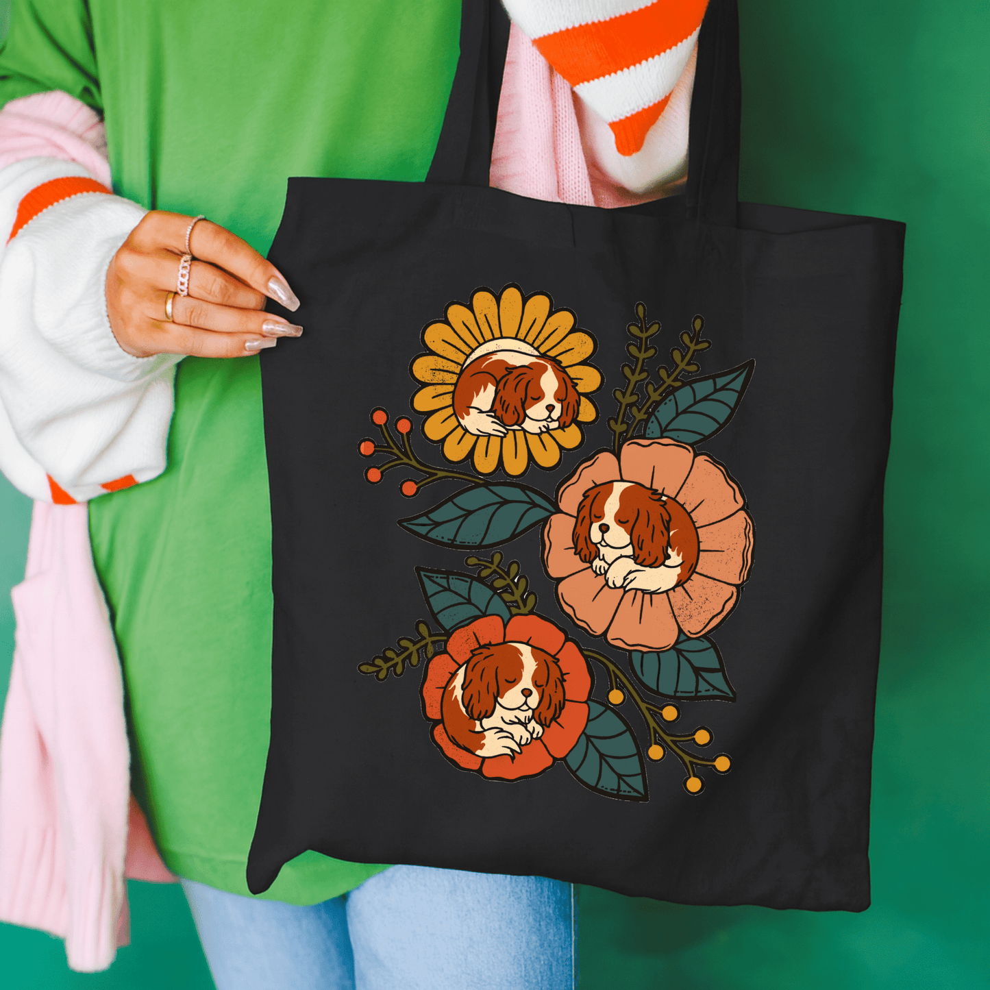 Blenheim Cavalier Sleeping Flowers Tote Bag Black 15" x 16"