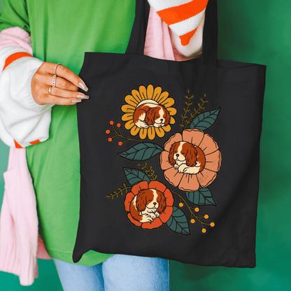 Blenheim Cavalier Sleeping Flowers Tote Bag Black 15" x 16"