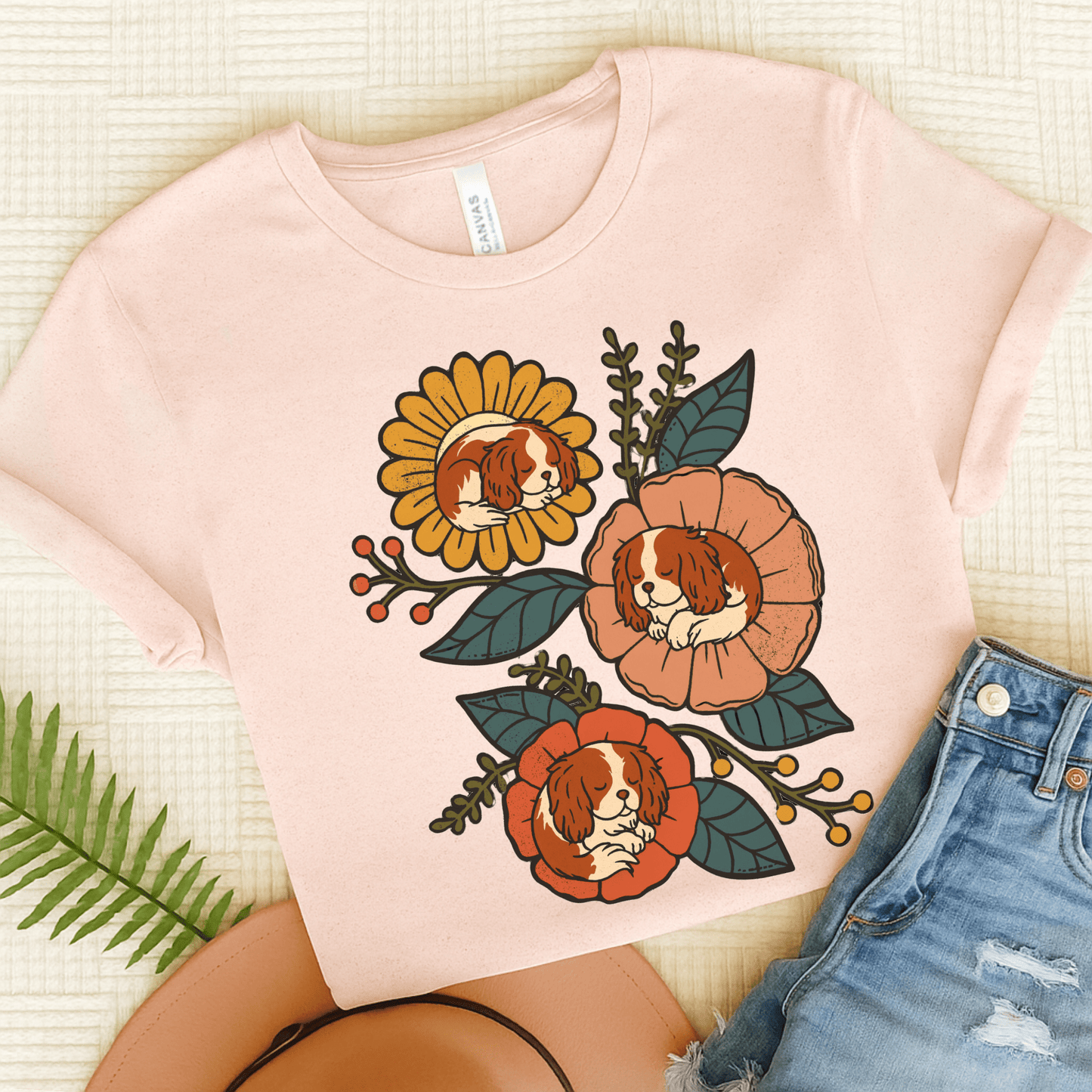 Blenheim Cavalier Sleeping Flowers TShirt Soft Pink