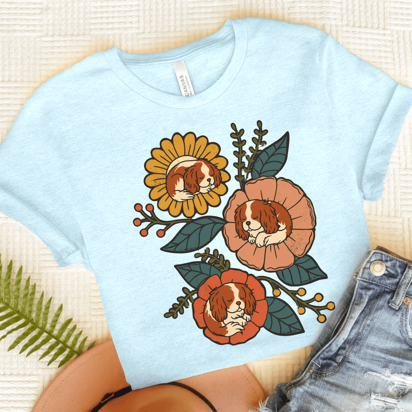 Blenheim Cavalier Sleeping Flowers TShirt Heather Ice Blue