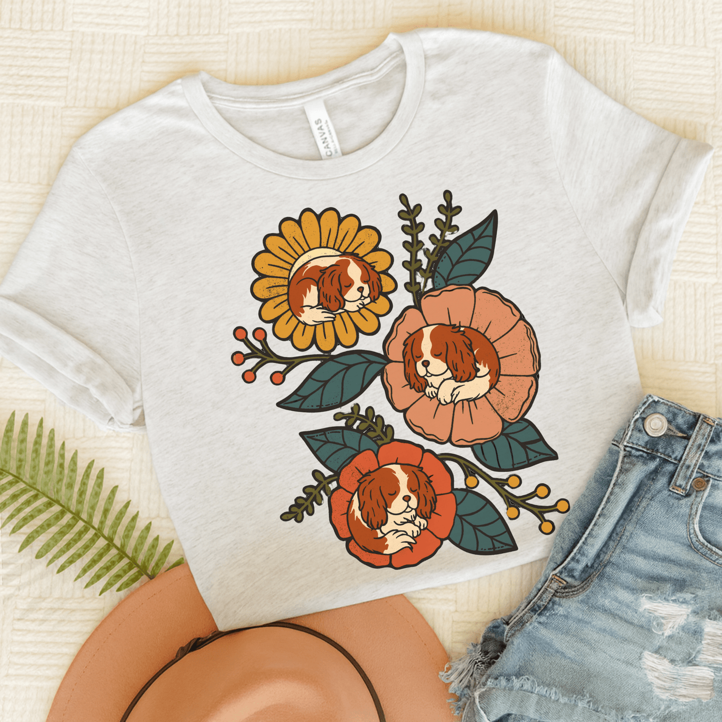 Blenheim Cavalier Sleeping Flowers TShirt Ash