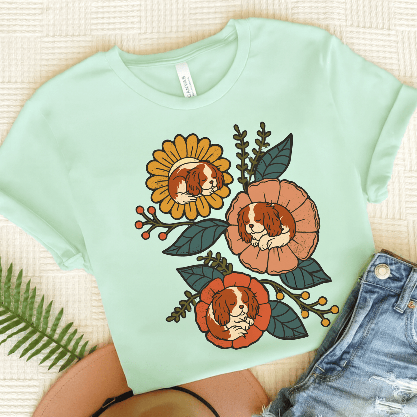 Blenheim Cavalier Sleeping Flowers TShirt Heather Mint