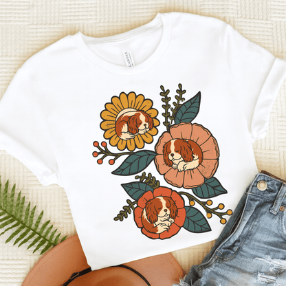 Blenheim Cavalier Sleeping Flowers TShirt White