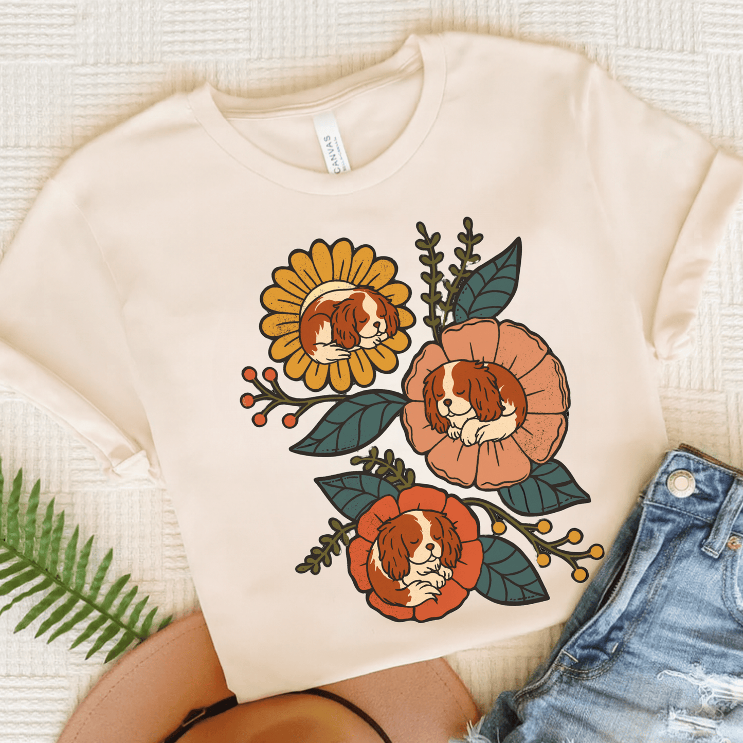 Blenheim Cavalier Sleeping Flowers TShirt Natural