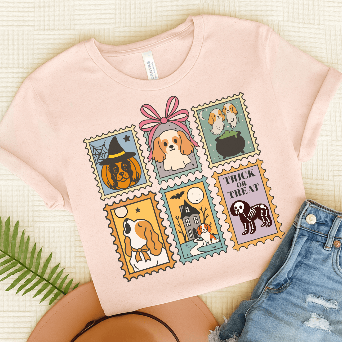 Blenheim Cavalier Spooky Stamps TShirt Soft Pink