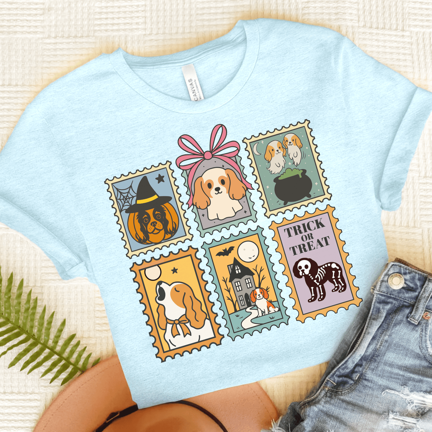 Blenheim Cavalier Spooky Stamps TShirt Heather Ice Blue