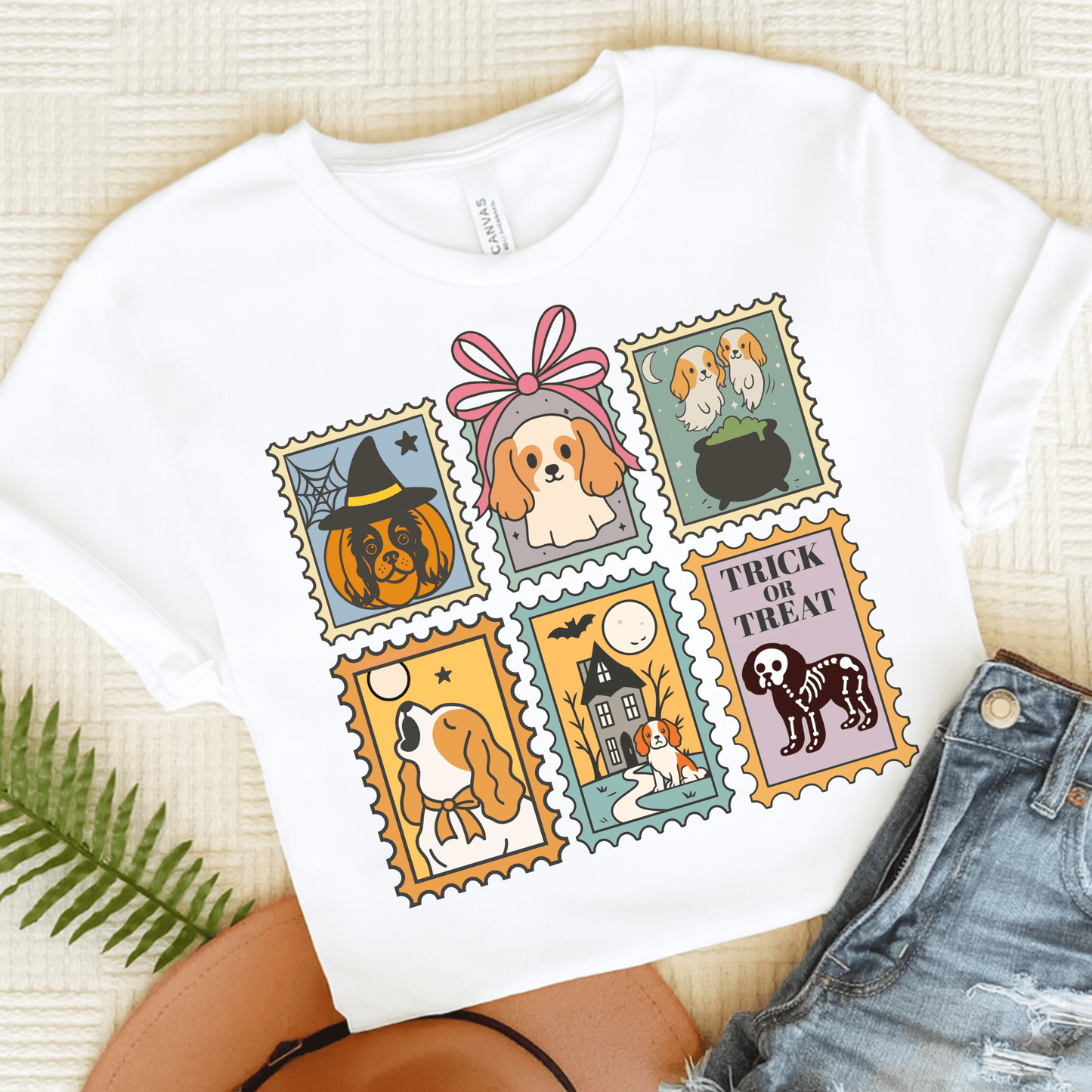 Blenheim Cavalier Spooky Stamps TShirt White