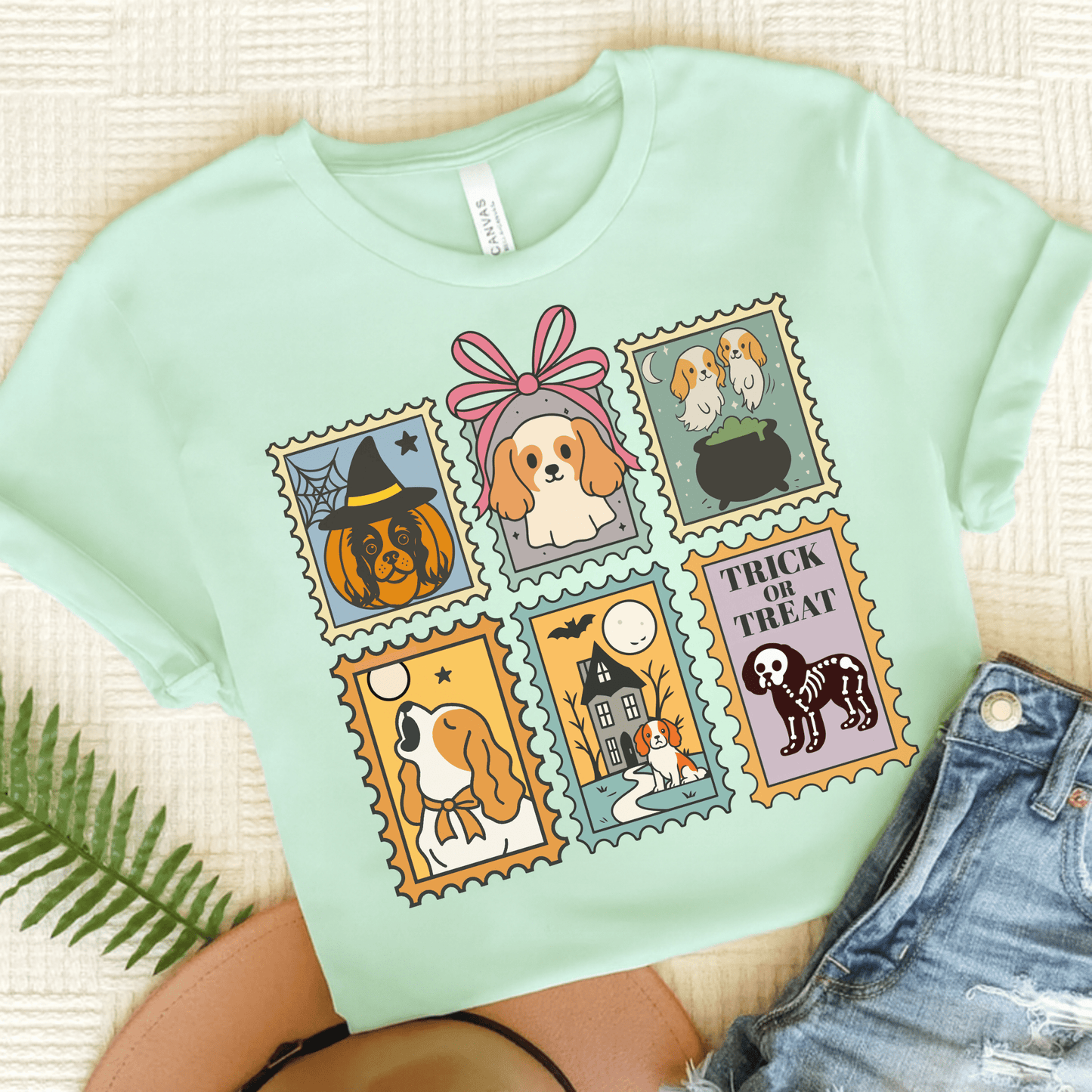 Blenheim Cavalier Spooky Stamps TShirt Heather Mint