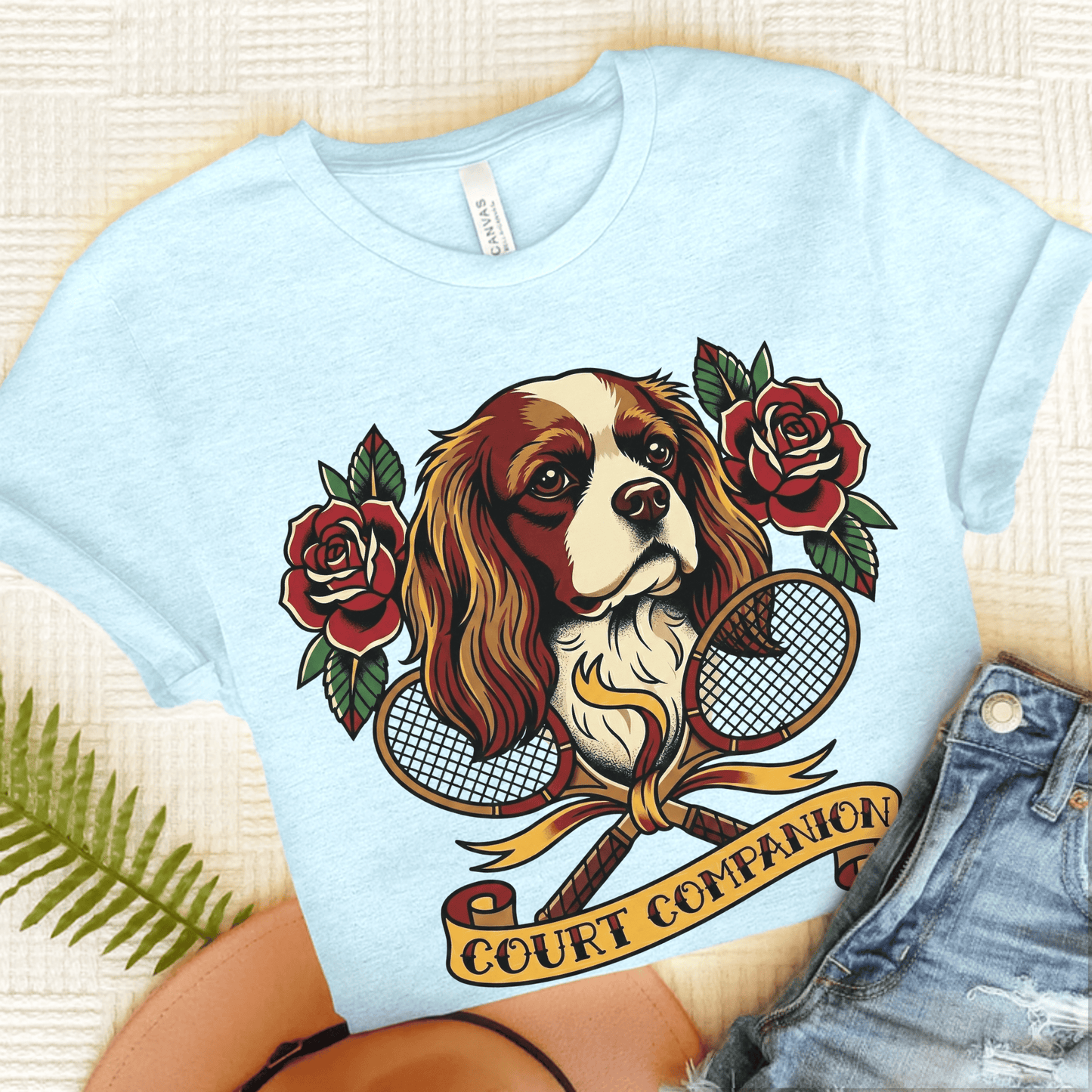 Personalized Cavalier Tennis Court Unisex Tshirt Heather Ice Blue