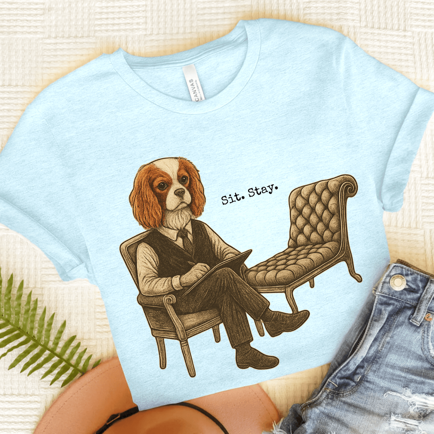 Printify T-Shirt Heather Ice Blue / S Blenheim King Charles Sit Stay TShirt