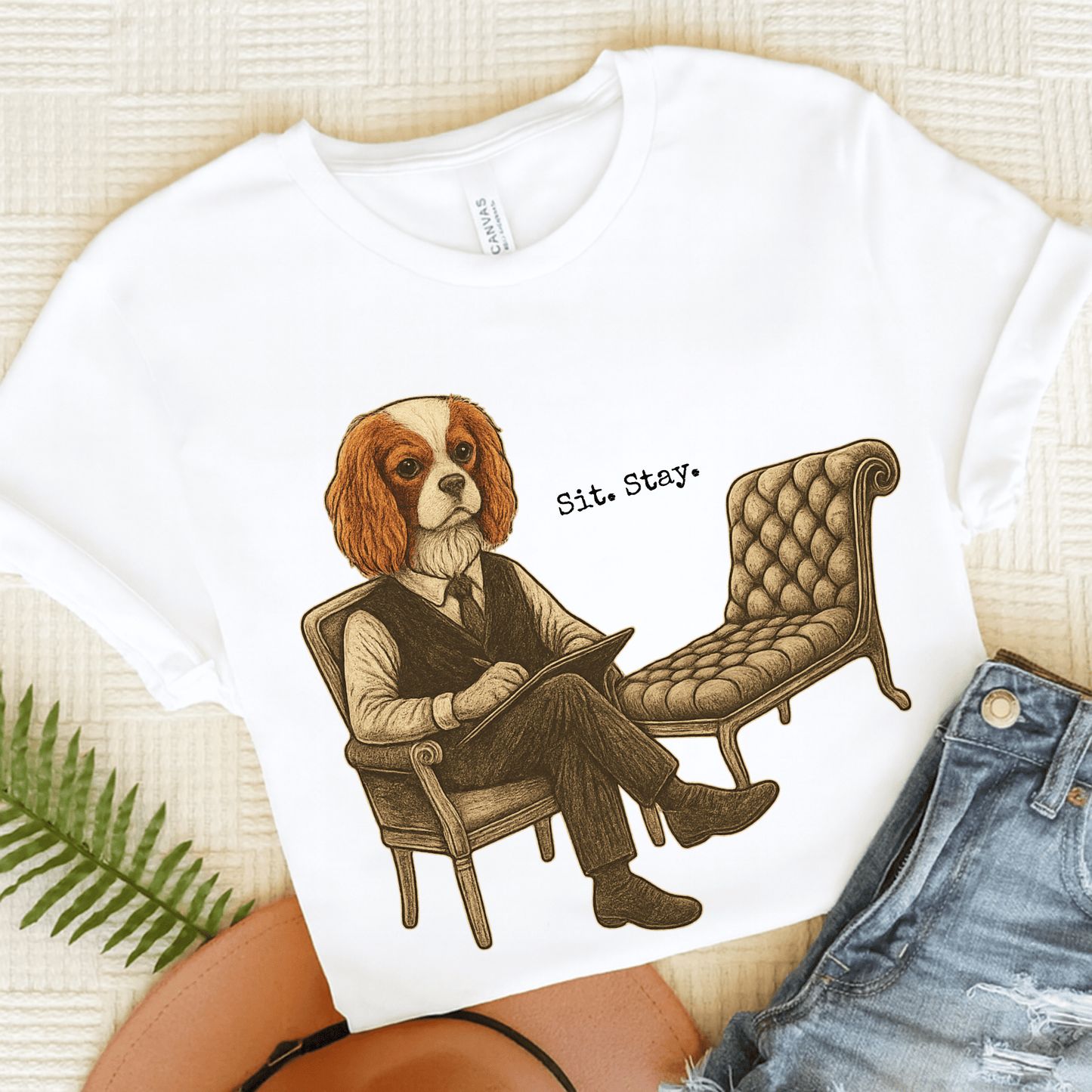 Printify T-Shirt White / S Blenheim King Charles Sit Stay TShirt