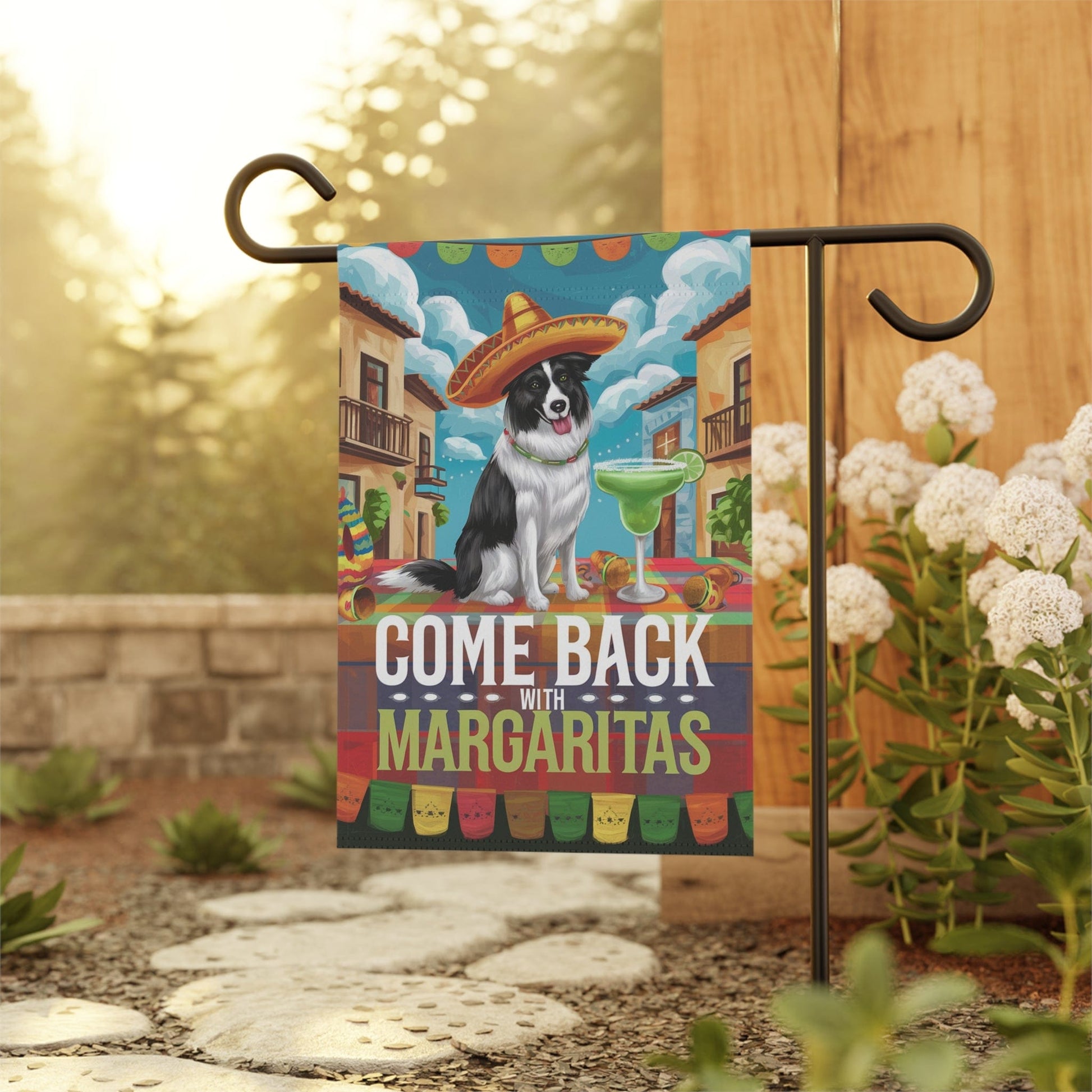Printify Home Decor Border Collie Dog Garden Flag, Cinco de Mayo Fiesta Margarita Drinking Front Yard