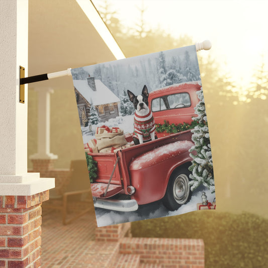 Boston Terrier Dog Red Truck Christmas Garden Flag