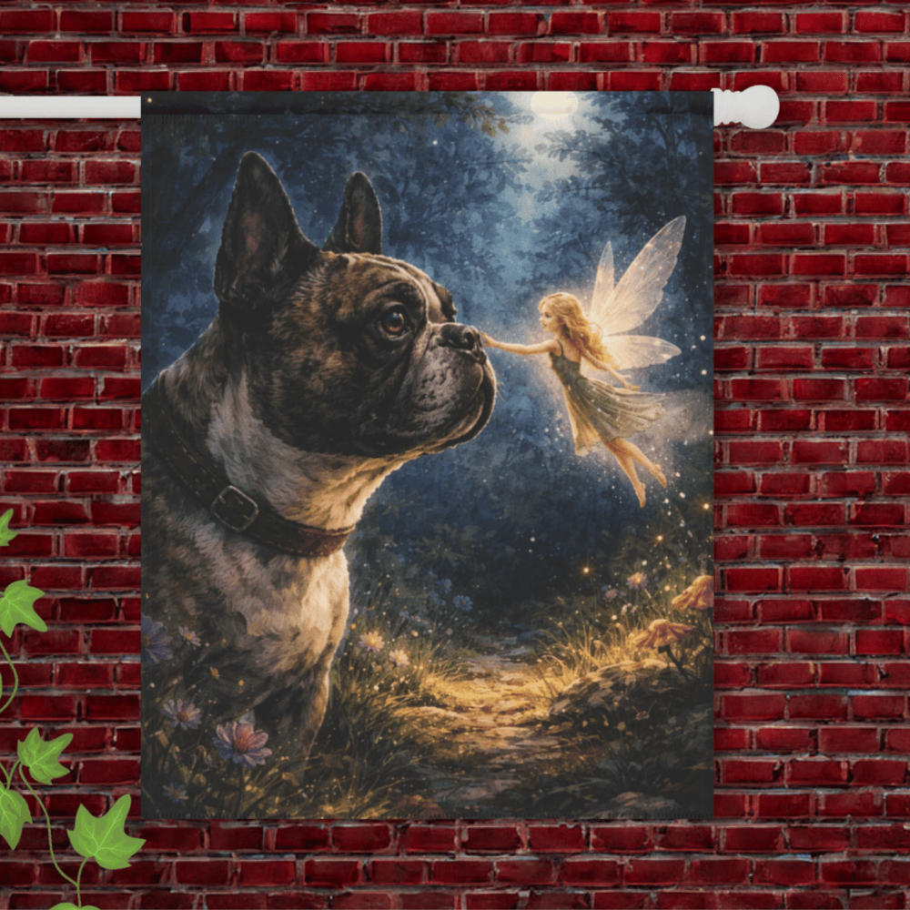 Brindle French Bulldog Fantasy Fairy Garden Flag 24.5'' × 32''