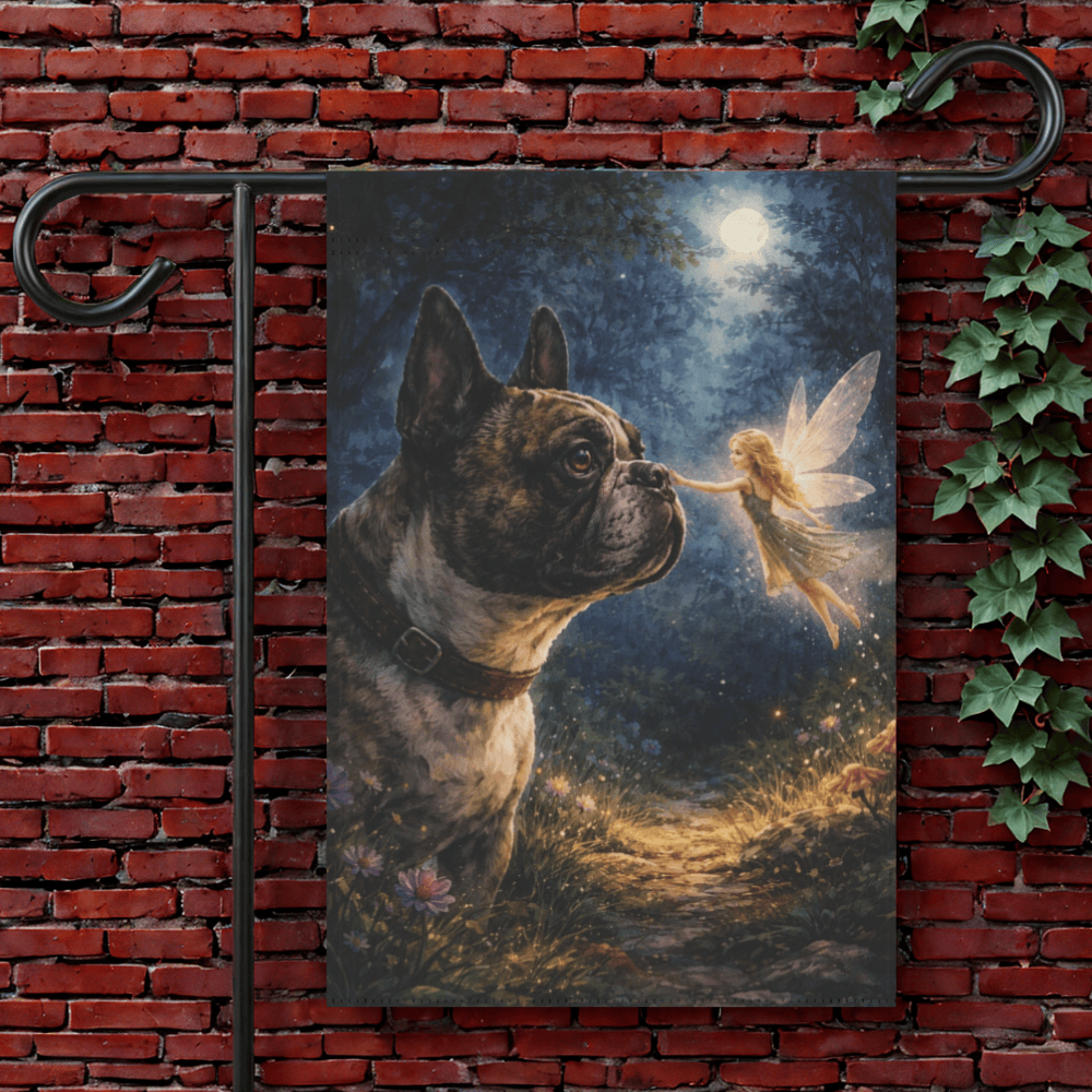 Brindle French Bulldog Fantasy Fairy Garden Flag 12'' × 18''