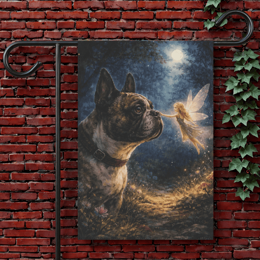 Brindle French Bulldog Fantasy Fairy Garden Flag 12'' × 18''