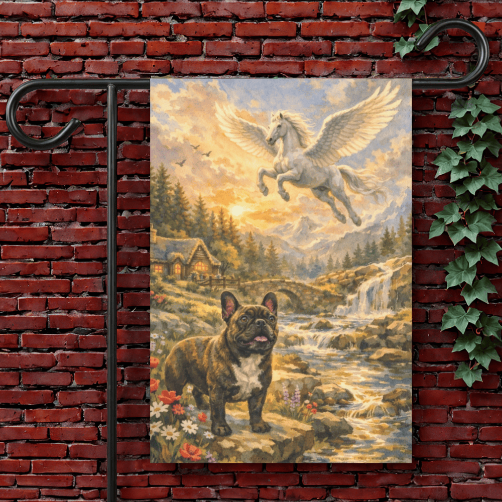 Brindle French Bulldog Fantasy Pegasus Garden Flag 12'' × 18''