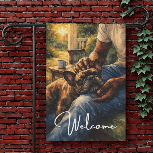 Brindle French Bulldog Front Porch Cuddles Garden Flag 12'' × 18''
