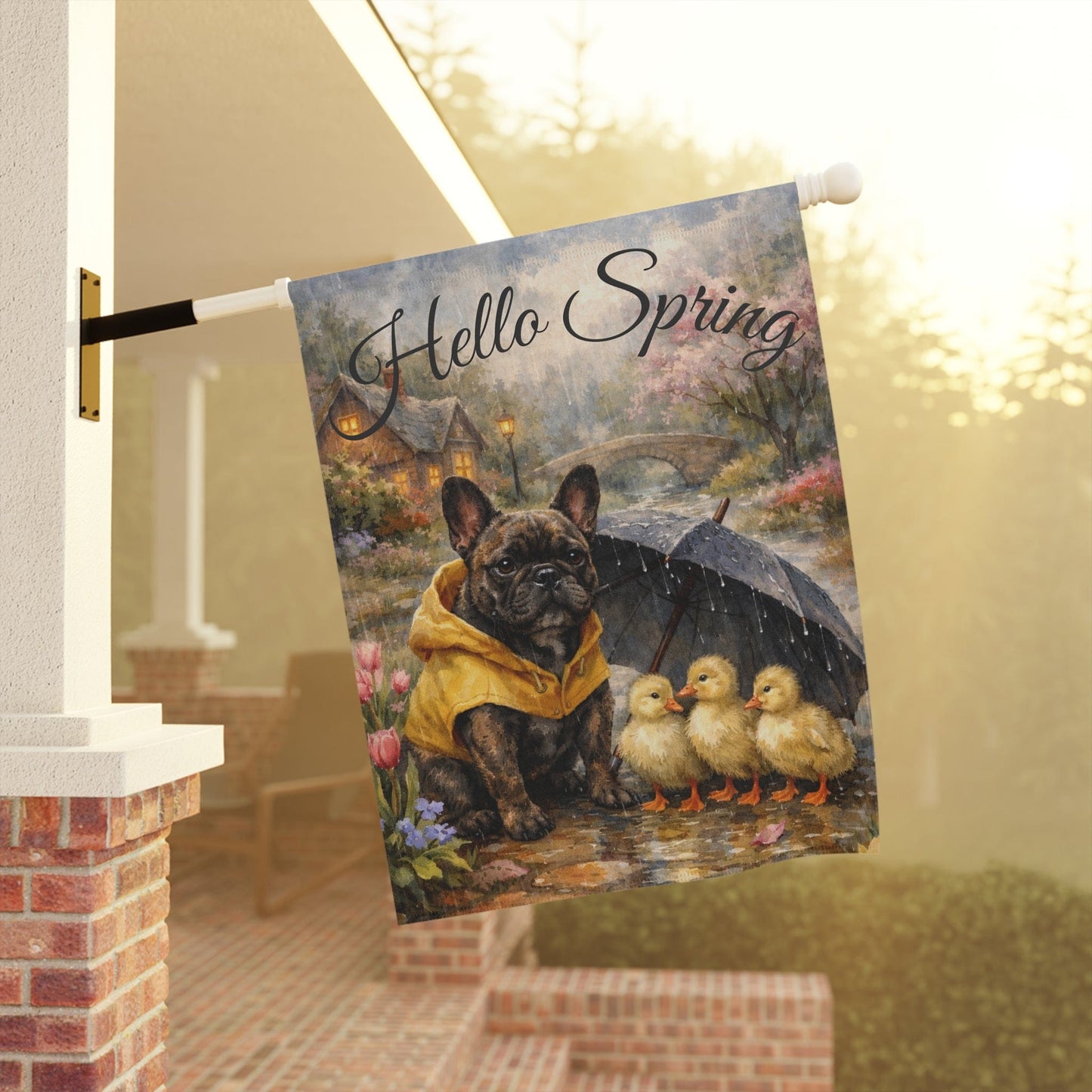 Brindle Frenchie Hello Spring Rainy Day Garden Flag