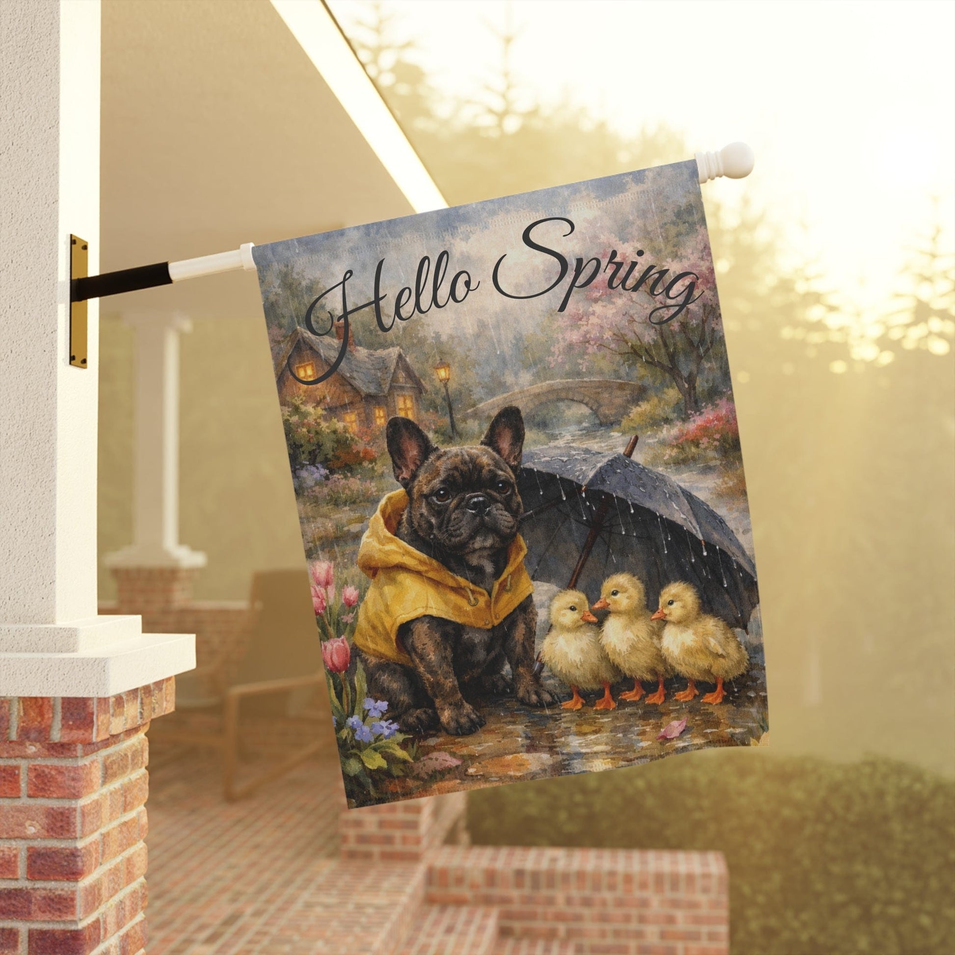 Brindle Frenchie Hello Spring Rainy Day Garden Flag