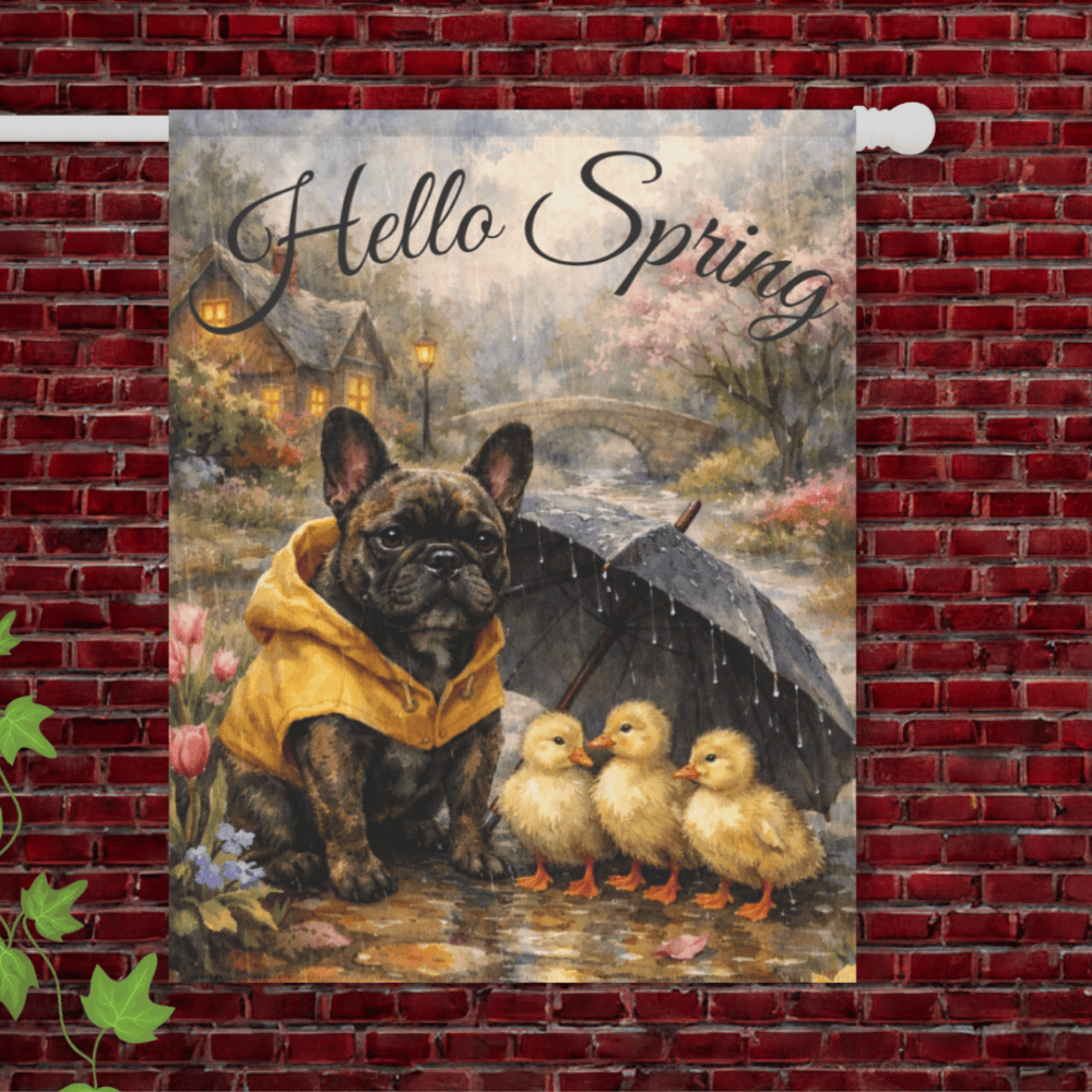 Brindle Frenchie Hello Spring Rainy Day Garden Flag 24.5'' × 32''