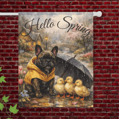 Brindle Frenchie Hello Spring Rainy Day Garden Flag 24.5'' × 32''