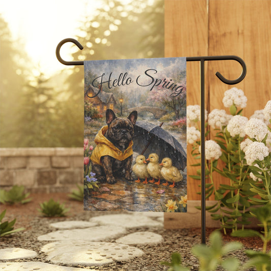 Brindle Frenchie Hello Spring Rainy Day Garden Flag