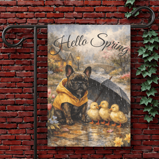 Brindle Frenchie Hello Spring Rainy Day Garden Flag 12'' × 18''