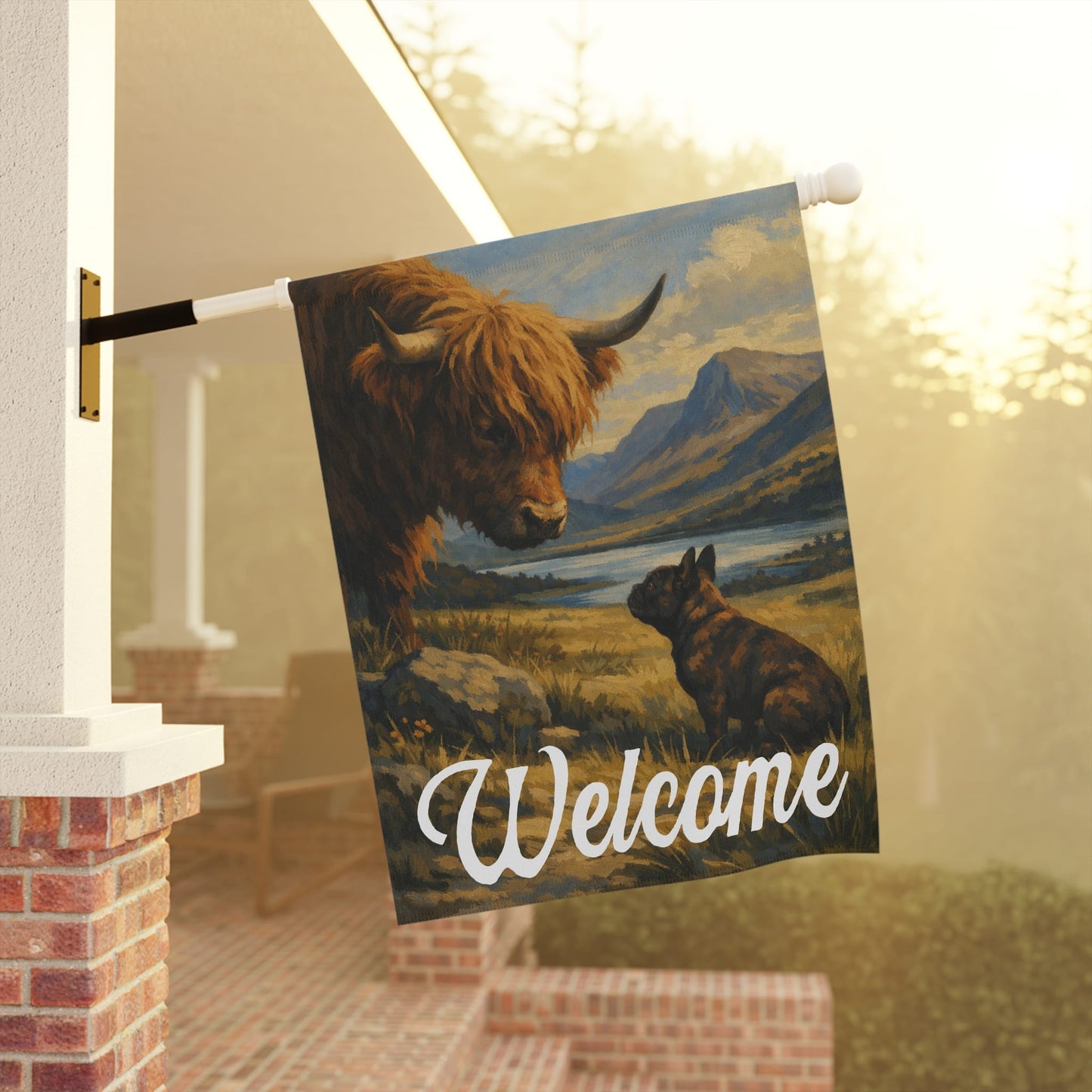 Brindle French Bulldog Highland Cows Yard Garden Flag