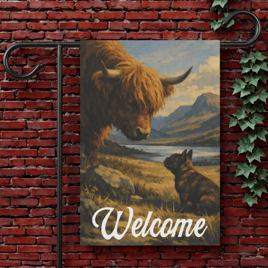 Brindle French Bulldog Highland Cows Yard Garden Flag 12'' × 18''