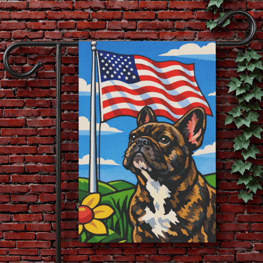 Brindle French Bulldog Patriotic American Garden Flag 12'' × 18''