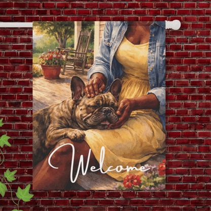 Brindle French Bulldog Porch Cuddles Garden Flag 24.5'' × 32''