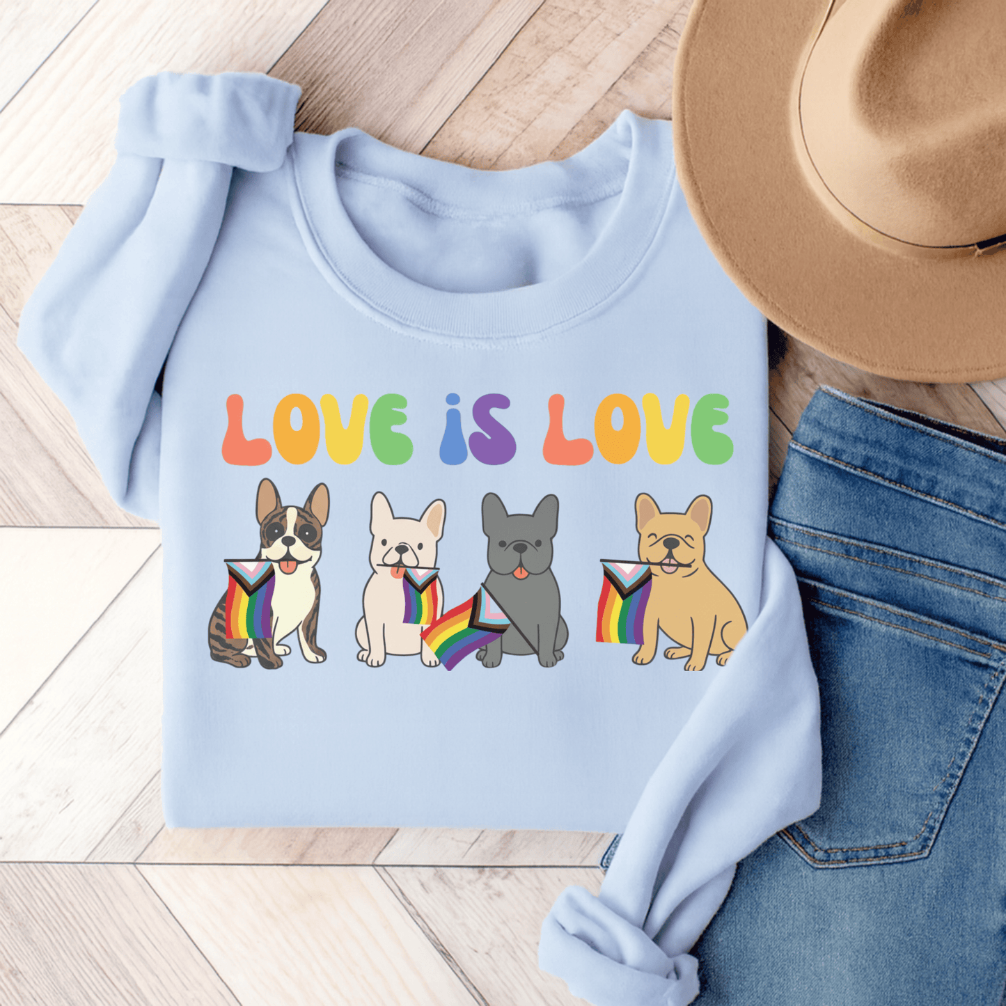 Brindle French Bulldog Pride Sweatshirt Light Blue