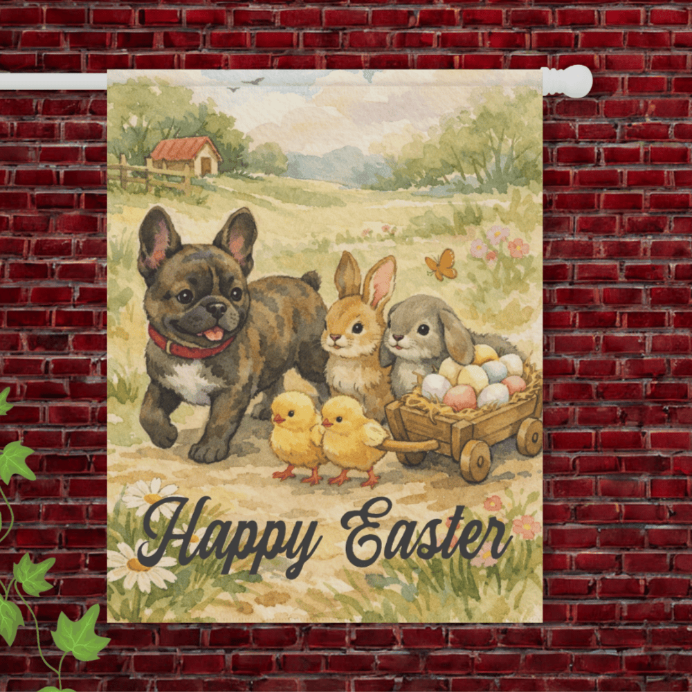 Brindle French Bulldog Puppy Welcome Wagon Easter Yard Flag 24.5'' × 32''