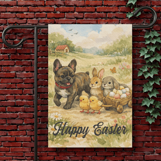 Brindle French Bulldog Puppy Welcome Wagon Easter Yard Flag 12'' × 18''