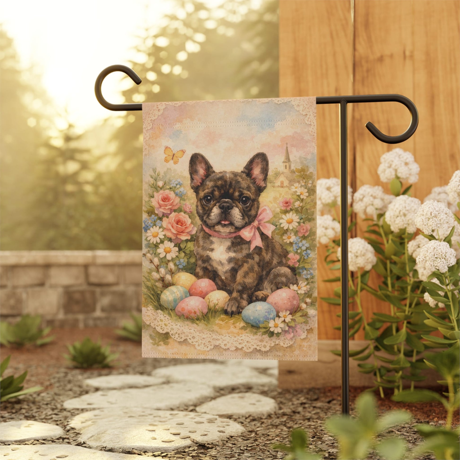 Brindle French Bulldog Retro Lace Easter Yard Flag