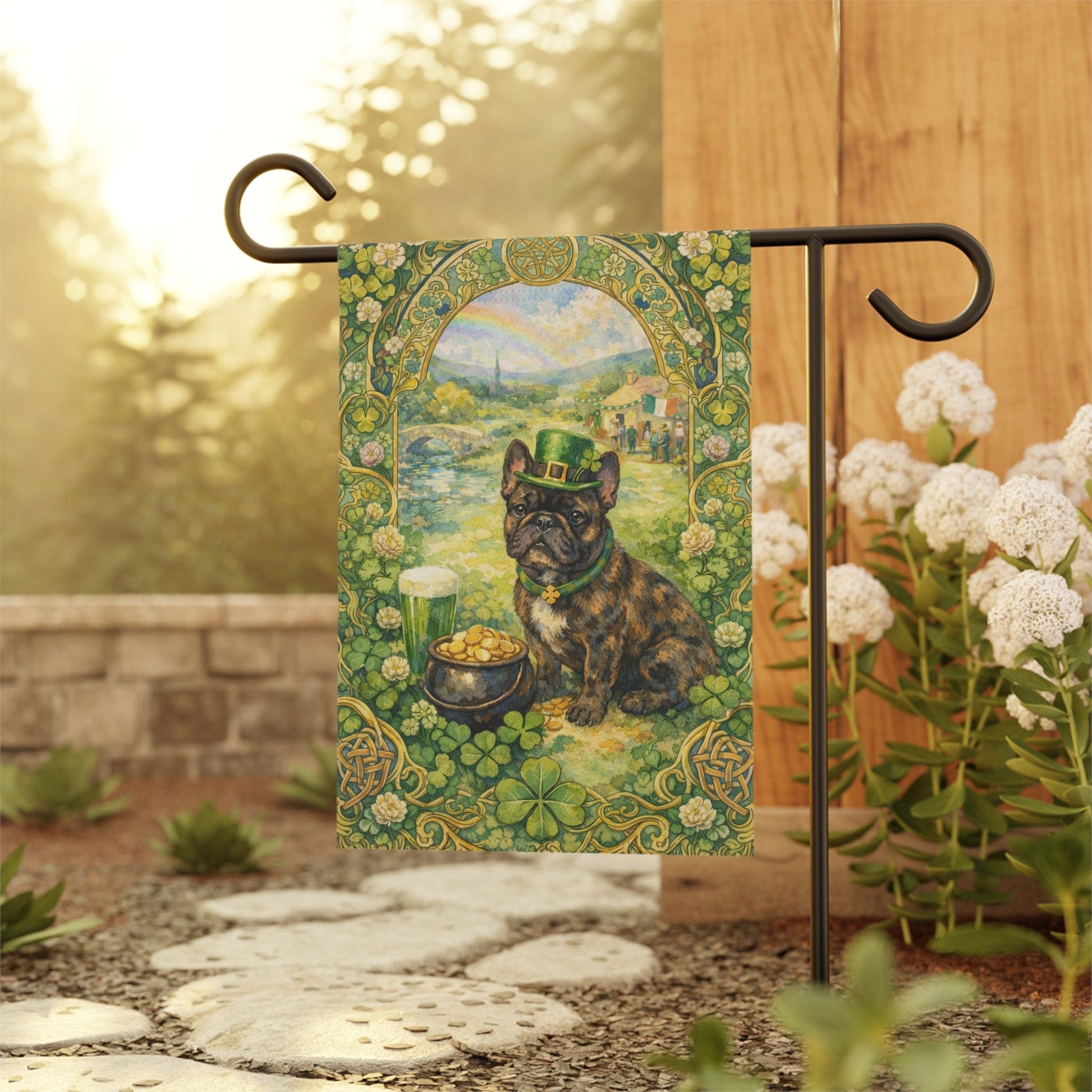 Brindle Frenchie Saint Patricks Garden Flag