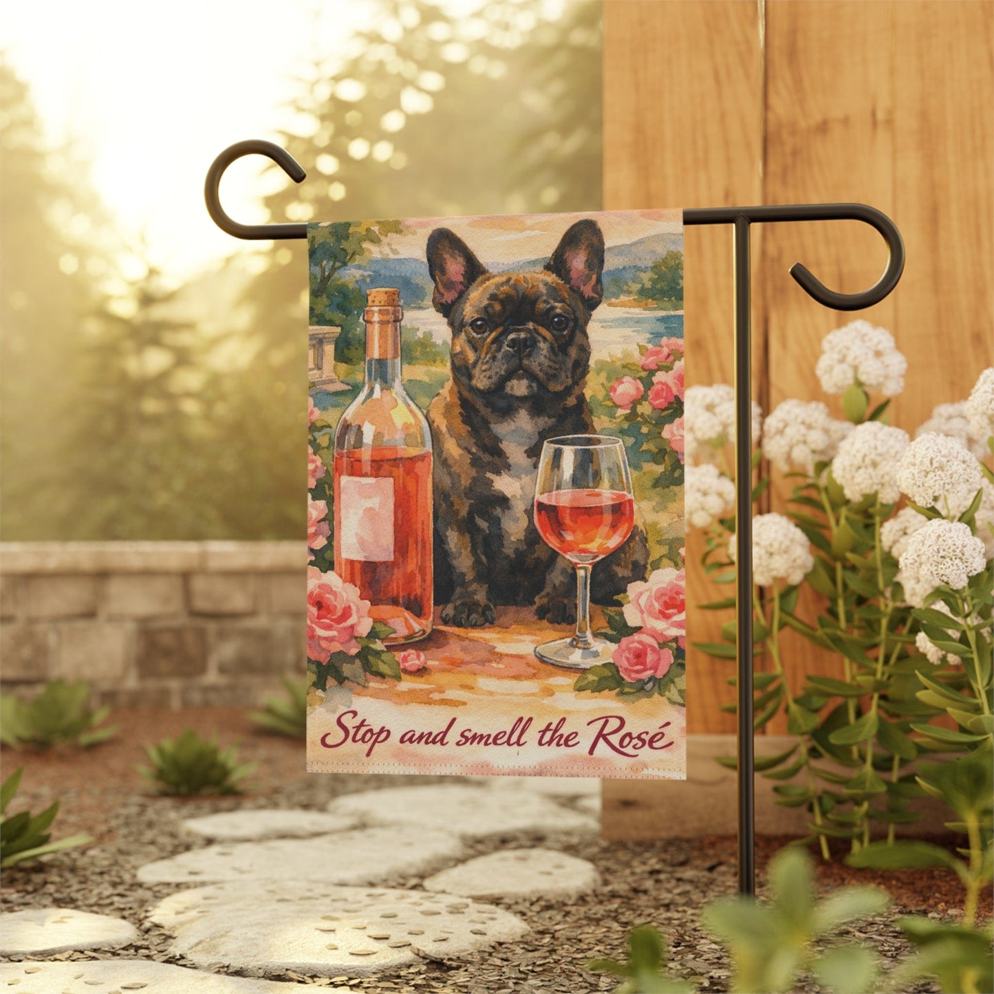 Brindle French Bulldog Smell the Rosé Garden Flag