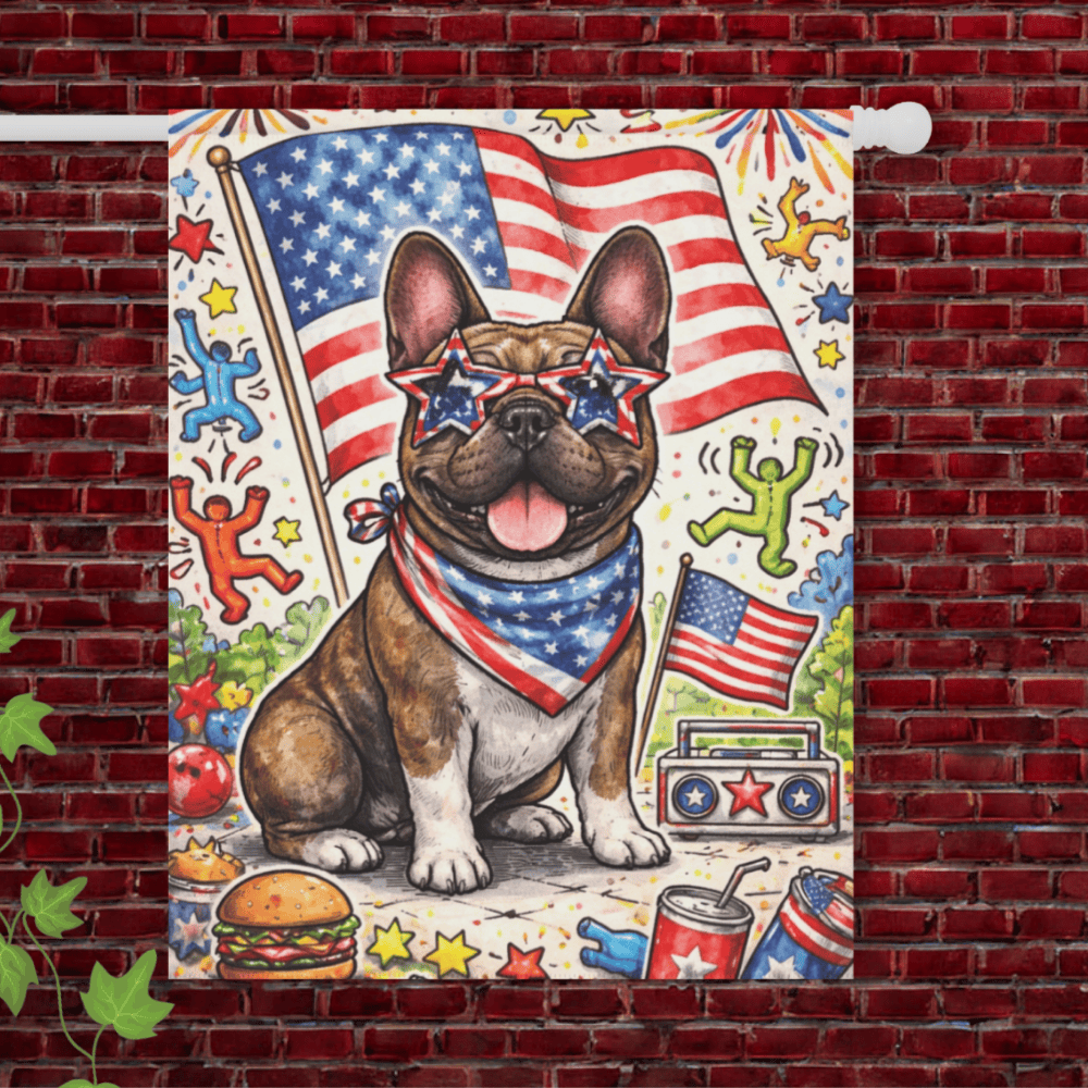 Brindle Frenchie USA 4th of July Garden Flag 24.5'' × 32''