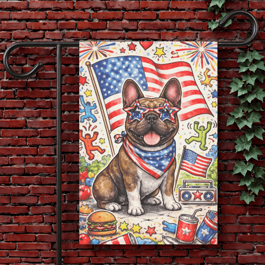 Brindle Frenchie USA 4th of July Garden Flag 12'' × 18''