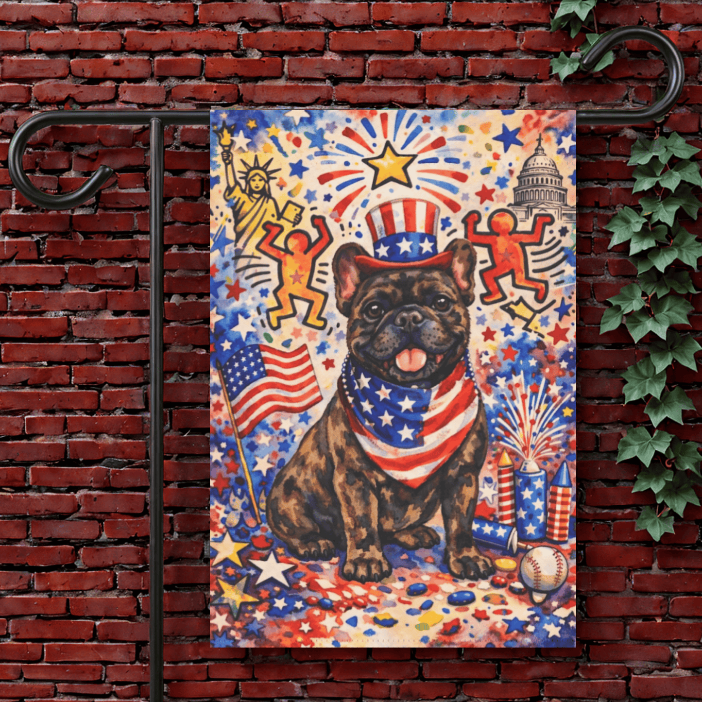 Brindle Frenchie USA 4th of July Garden Flag 12'' × 18''