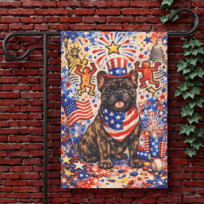 Brindle Frenchie USA 4th of July Garden Flag 12'' × 18''